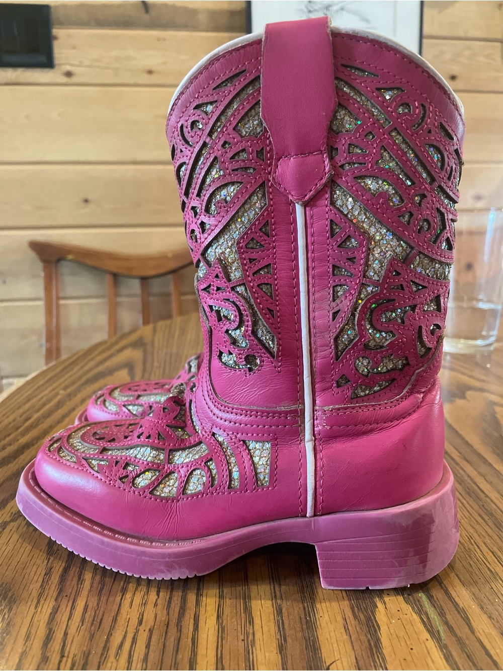 J.B. Dillon Hot Pink Glitter Cutout Kids Western Boots